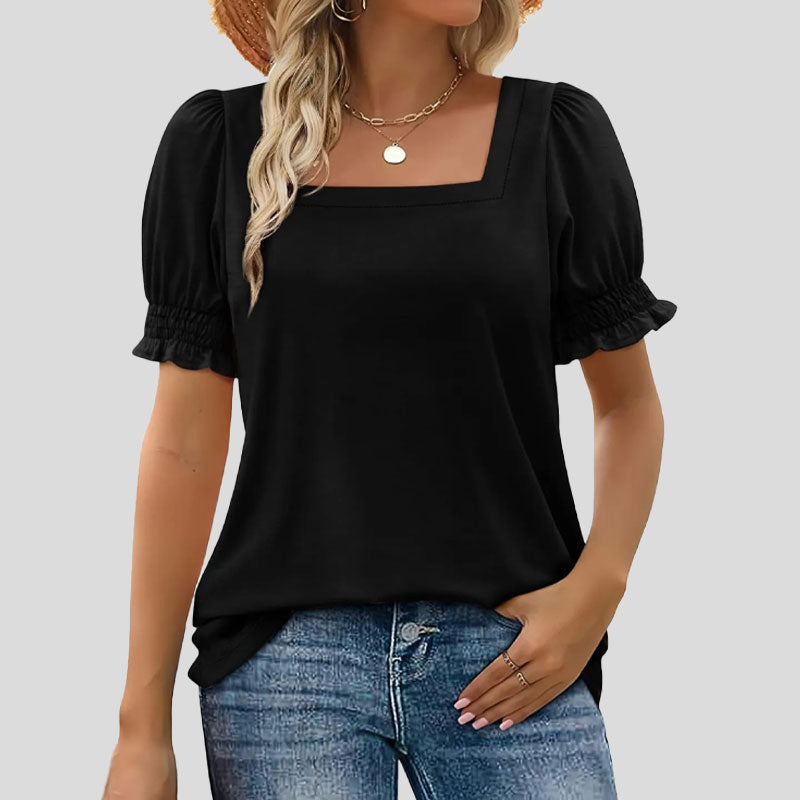 ⏳Begrenset salgsti🌸T-skjorte med firkantet hals og smokkermermer for kvinner