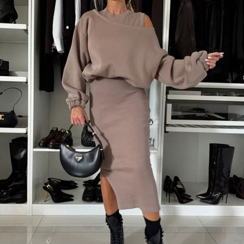 👗Naisten vino olkapää huppari & hihaton mekko setti