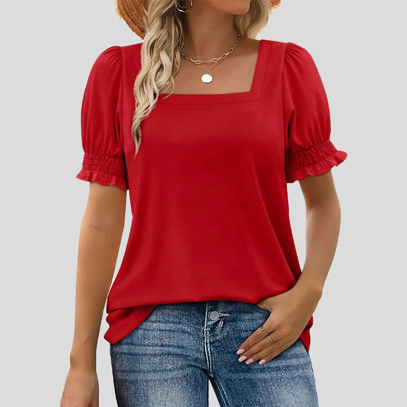 ⏳Begrenset salgsti🌸T-skjorte med firkantet hals og smokkermermer for kvinner