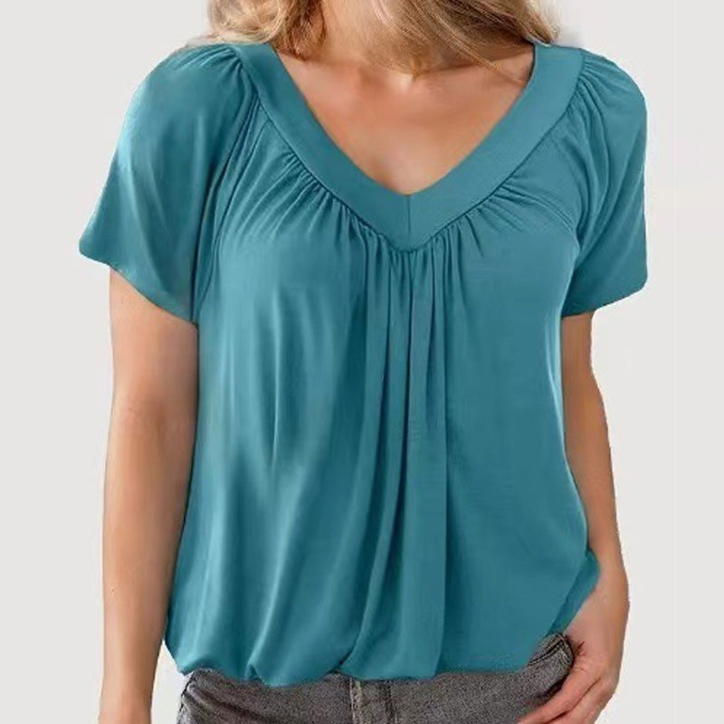 🌸Kort ermet topp med plisserte plisseringer og V-hals for kvinne