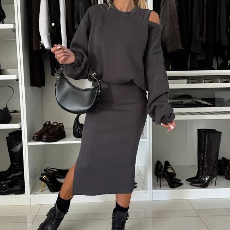 👗Naisten vino olkapää huppari & hihaton mekko setti