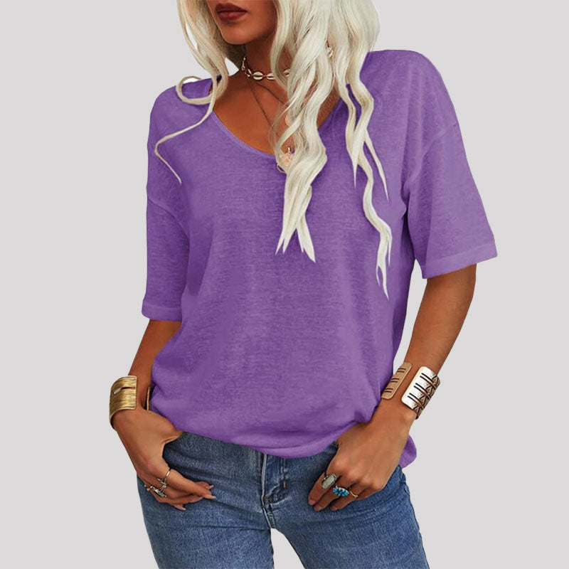 🌸Naisten Yksivärinen V-Pääntie T/Women's Solid Color V-Neck T