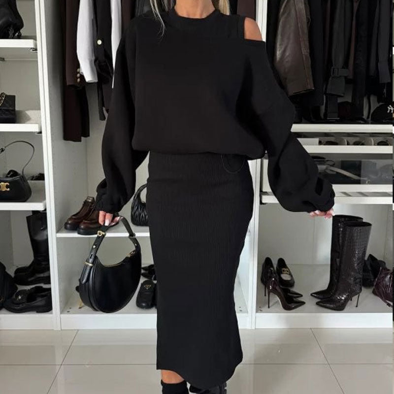 👗Naisten vino olkapää huppari & hihaton mekko setti