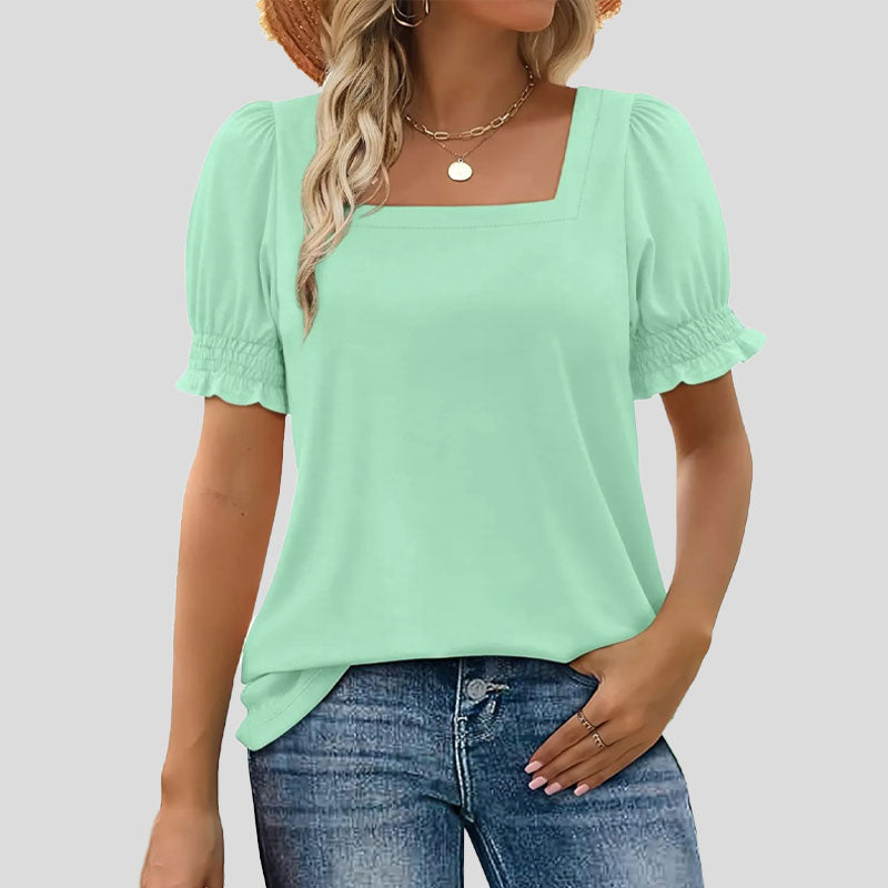 ⏳Begrenset salgsti🌸T-skjorte med firkantet hals og smokkermermer for kvinner