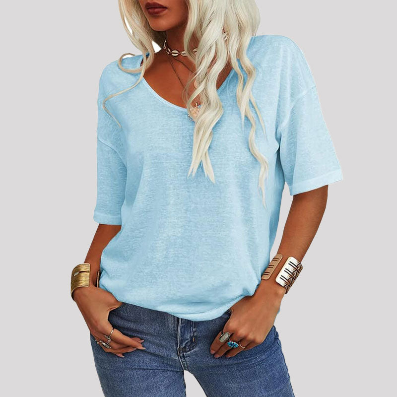 🌸Naisten Yksivärinen V-Pääntie T/Women's Solid Color V-Neck T