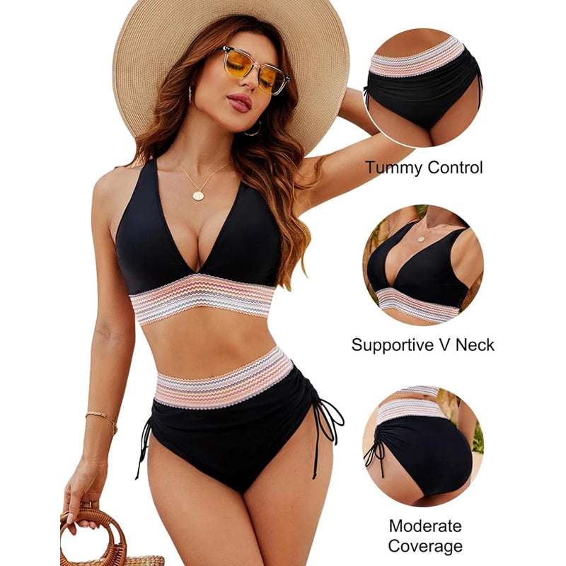 ☀️Feriesalg 49% OF🏖️Bikinisett med høy midje og magekontroll Color Block Bikinisett Color Block Bikinisett