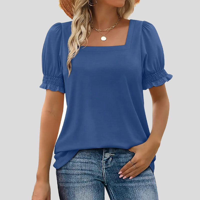 ⏳Begrenset salgsti🌸T-skjorte med firkantet hals og smokkermermer for kvinner