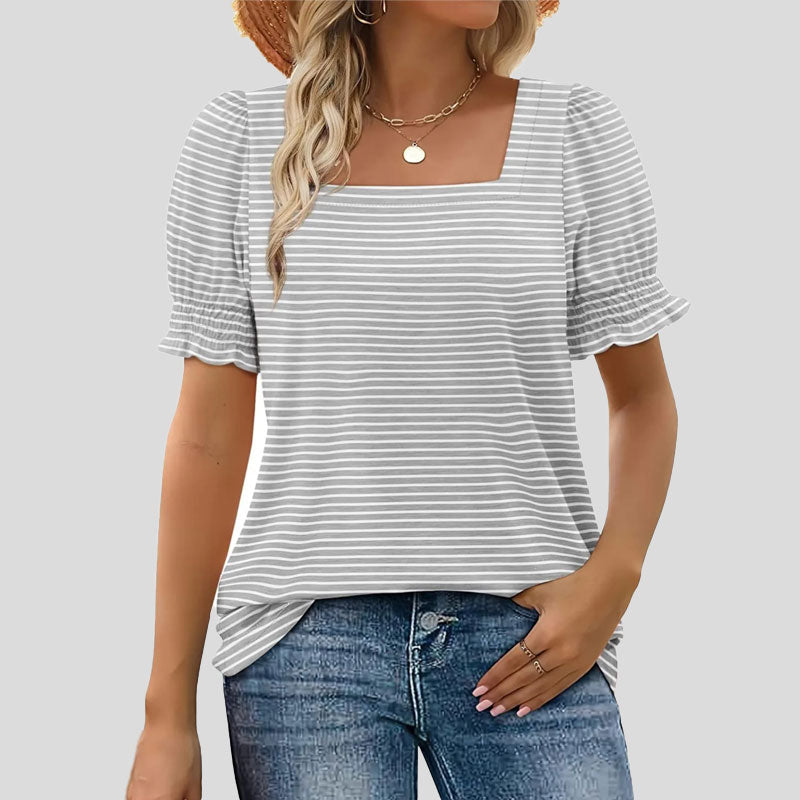 ⏳Begrenset salgsti🌸T-skjorte med firkantet hals og smokkermermer for kvinner
