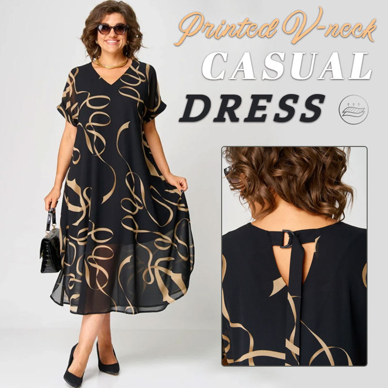 🌸Trykt V-halset avslappet kjole