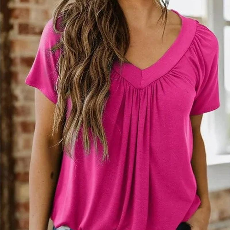 🌸Kort ermet topp med plisserte plisseringer og V-hals for kvinne