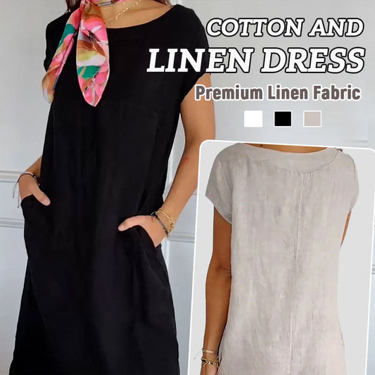 🌸Naisten pyöreä kaula-aukko lyhythihainen puuvilla pellava mekko