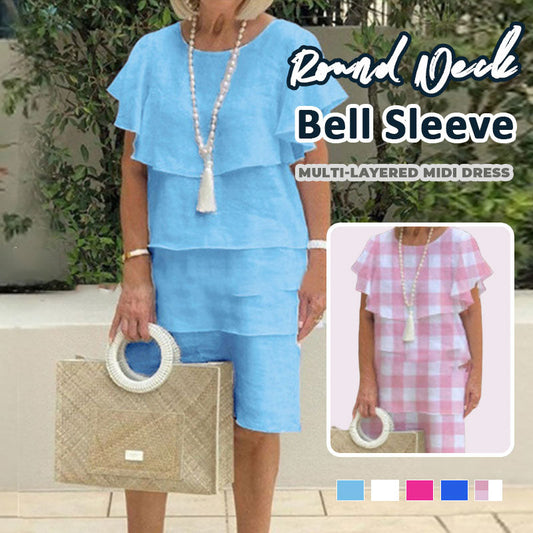 🌸Pyöreäkauluksinen, kellohihainen, monikerroksinen midimekko