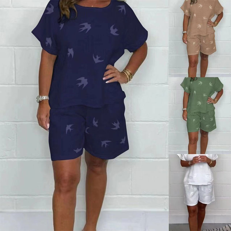 🌸Rento painettu puuvilla-pellava lyhythihainen shortsisarja