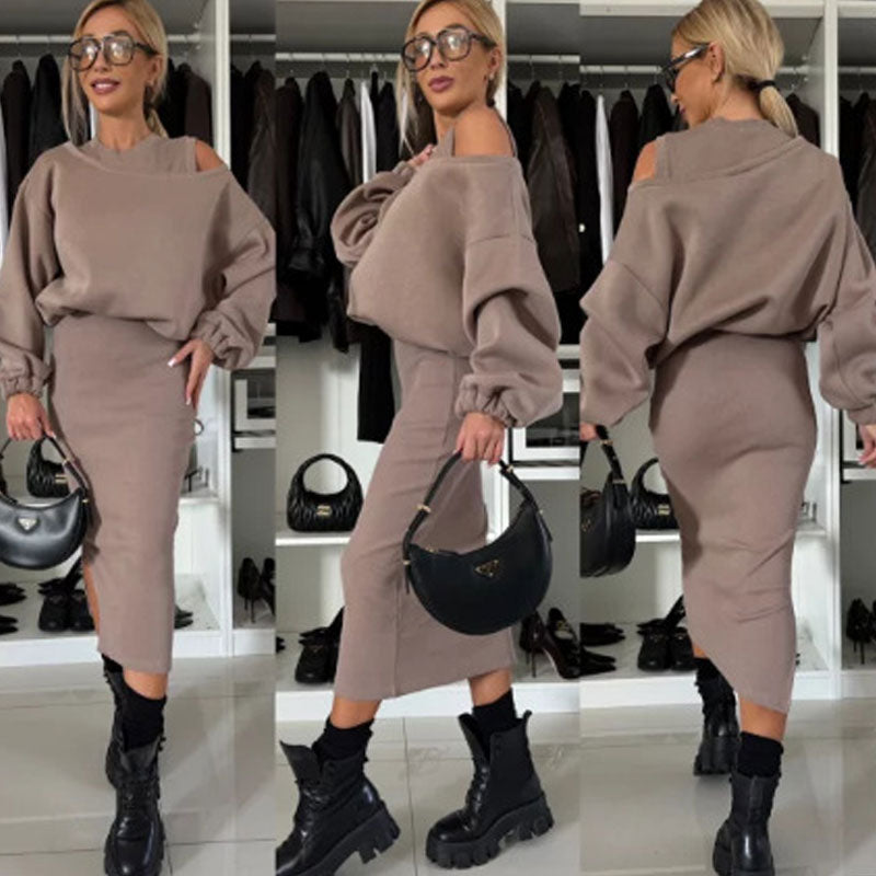 👗Naisten vino olkapää huppari & hihaton mekko setti