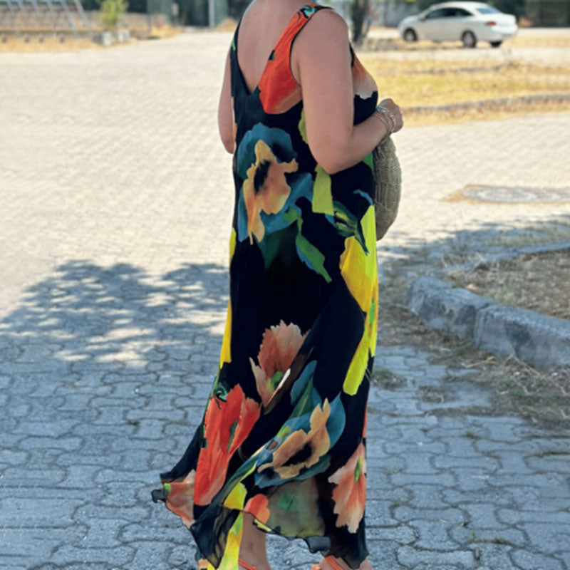 🔥2025 Ny ankomst💃Maxikjole med blomstertrykk og brede stropper🌸