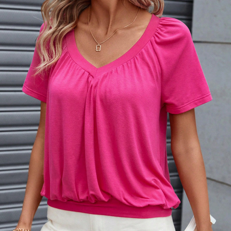🌸Kort ermet topp med plisserte plisseringer og V-hals for kvinne