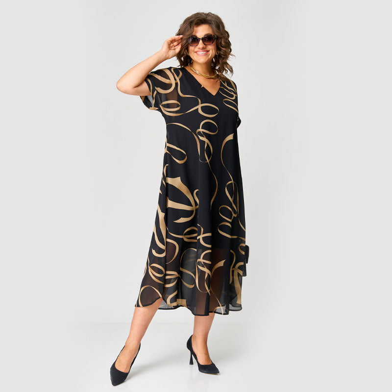 🌸Trykt V-halset avslappet kjole