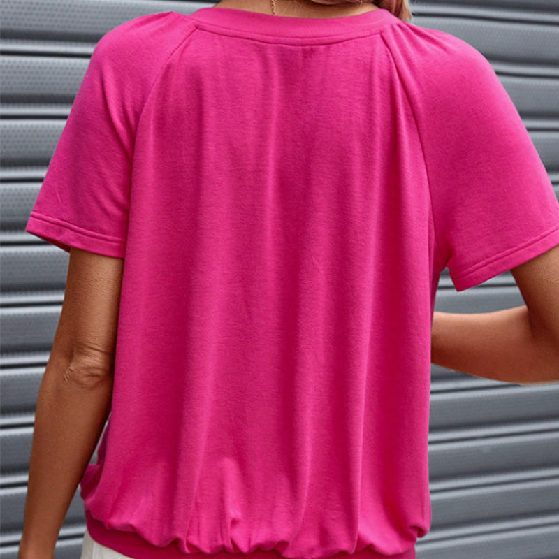 🌸Kort ermet topp med plisserte plisseringer og V-hals for kvinne