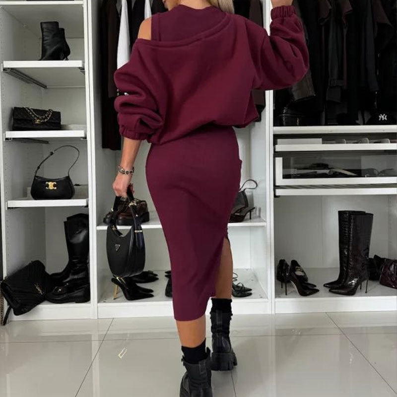 👗Naisten vino olkapää huppari & hihaton mekko setti