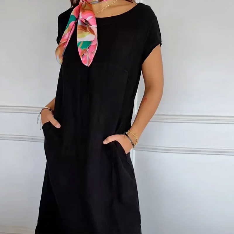 🌸Naisten pyöreä kaula-aukko lyhythihainen puuvilla pellava mekko