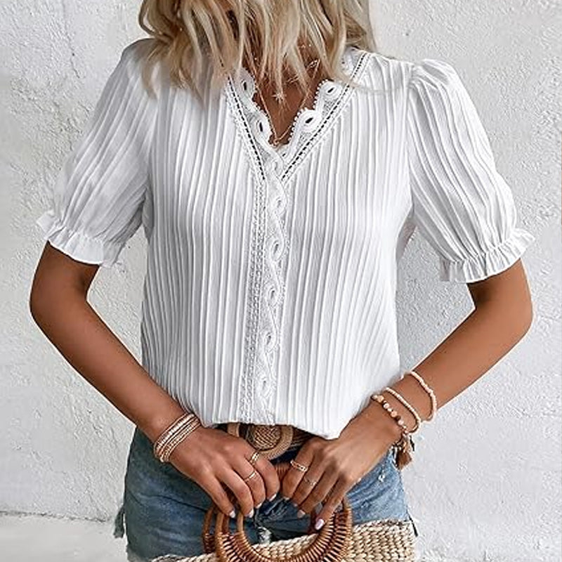 Rento naisten paita, jossa on ontto V-pääntie ja lyhyet hihat