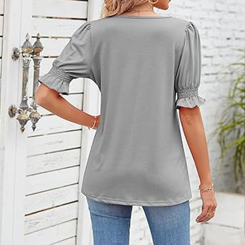 ⏳Begrenset salgsti🌸T-skjorte med firkantet hals og smokkermermer for kvinner