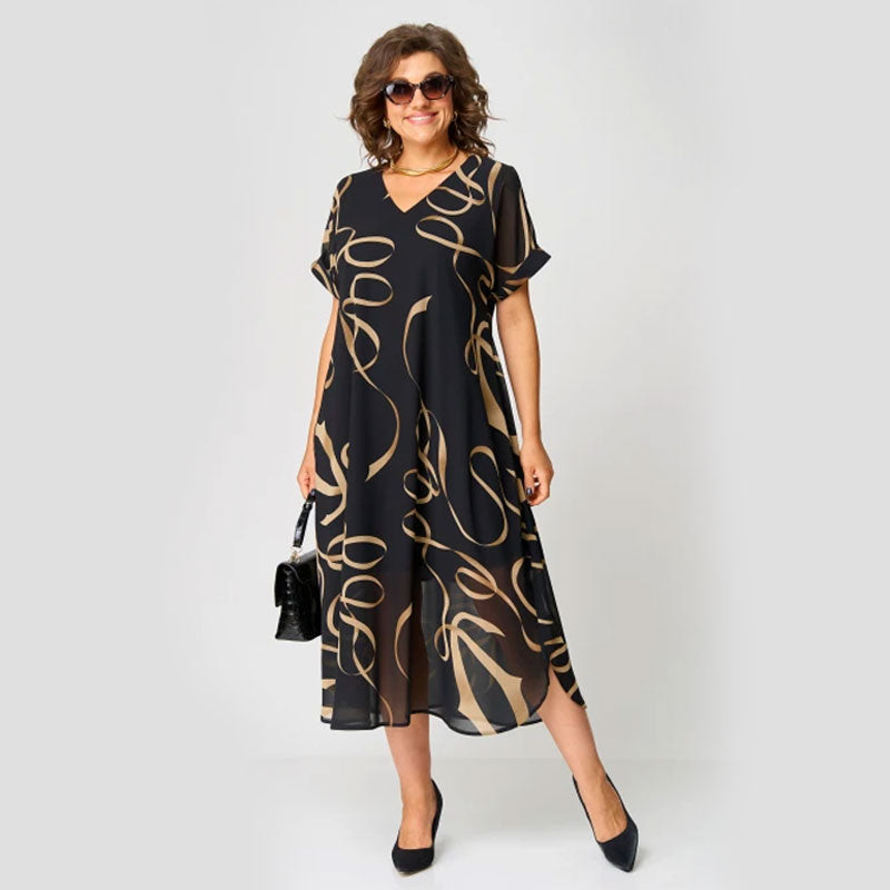 🌸Trykt V-halset avslappet kjole