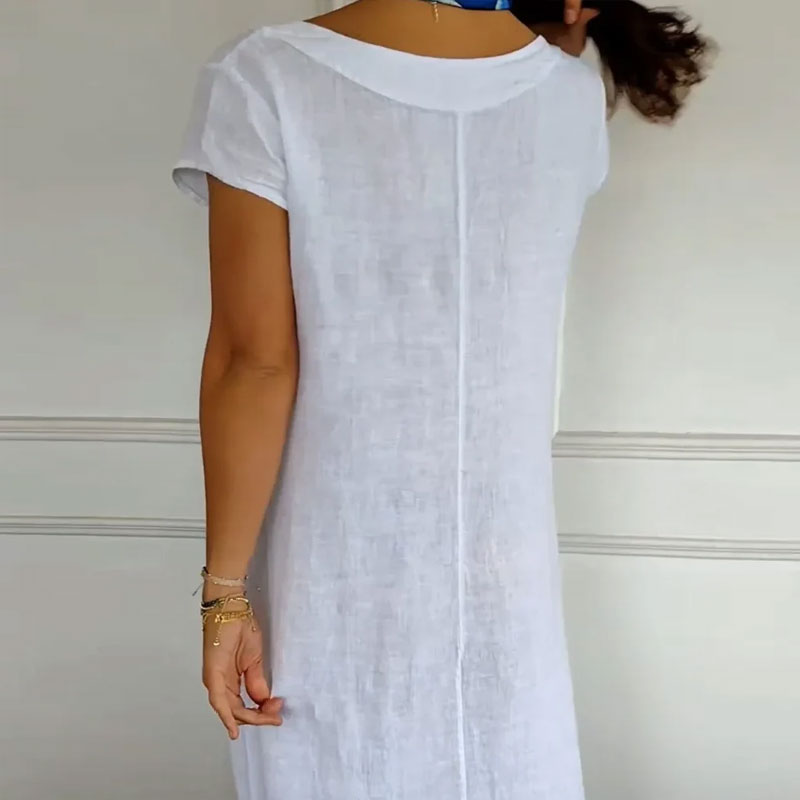 🌸Naisten pyöreä kaula-aukko lyhythihainen puuvilla pellava mekko