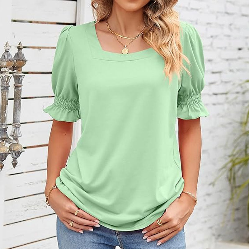 ⏳Begrenset salgsti🌸T-skjorte med firkantet hals og smokkermermer for kvinner
