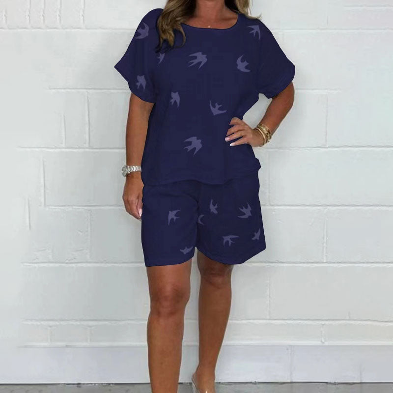 🌸Rento painettu puuvilla-pellava lyhythihainen shortsisarja