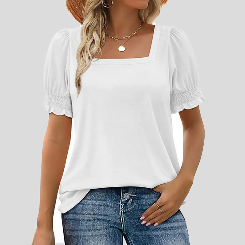 ⏳Begrenset salgsti🌸T-skjorte med firkantet hals og smokkermermer for kvinner