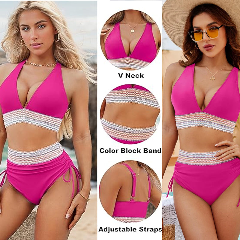 ☀️Feriesalg 49% OF🏖️Bikinisett med høy midje og magekontroll Color Block Bikinisett Color Block Bikinisett