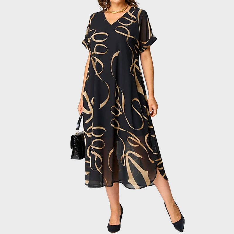 🌸Trykt V-halset avslappet kjole