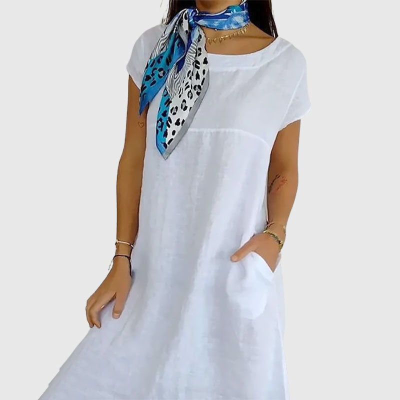 🌸Naisten pyöreä kaula-aukko lyhythihainen puuvilla pellava mekko