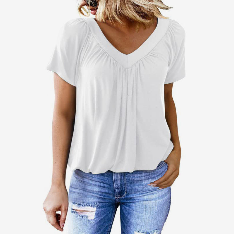 🌸Kort ermet topp med plisserte plisseringer og V-hals for kvinne