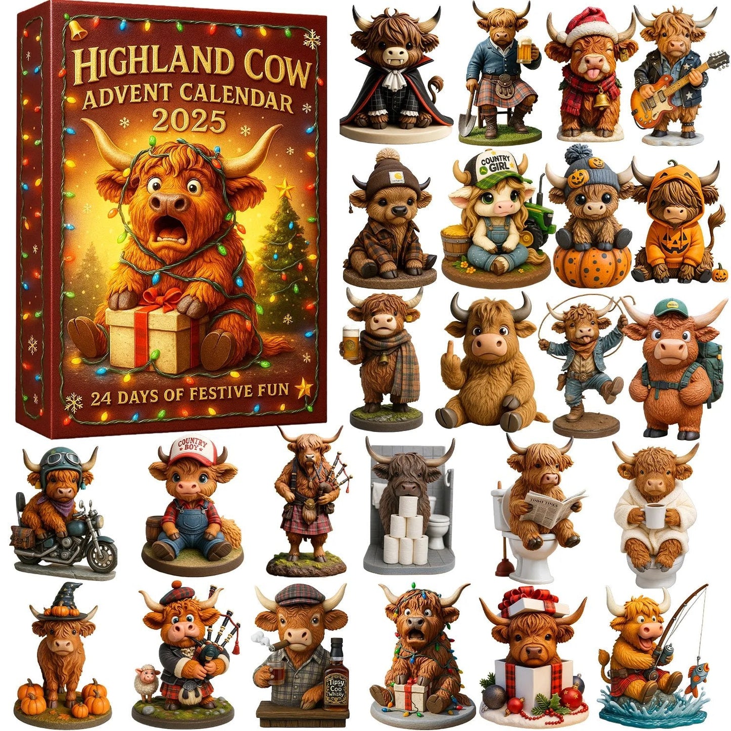 🐮Highland Ku Adventskalender 2025🎄 - 3D håndlaget Highland Ku Dukke (24 stk)