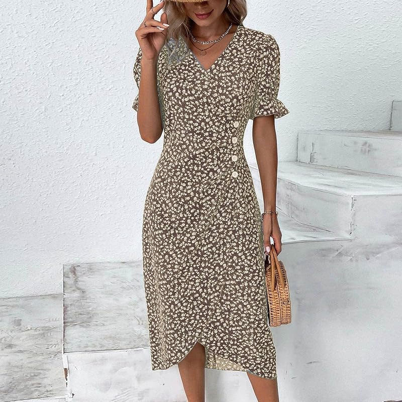 🌸Casual Wrap kjole med blomster til kvinne