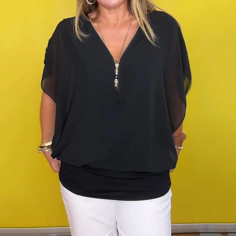 ☀️Uformell dametopp med chiffongkrage og glidelås
